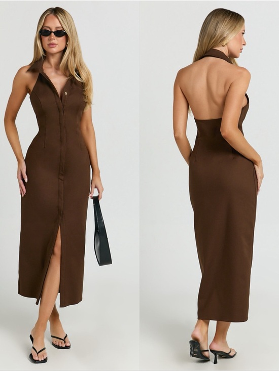 Showpo. Dresses & Skirts - SHOWPO Lillibelle Collared Button Down Bodycon Midi Dress In Chocolate